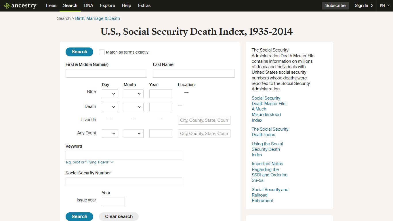 U.S., Social Security Death Index, 1935-2014